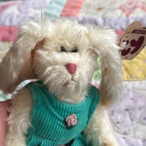 Vintage Ty Collectible with Tag Bunny wearing green overalls - Ivy